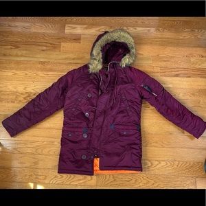 (XS) Alpha Industires Men’s N-3B Slim Fit Parka in Burgundy Red w/Detachable Fur